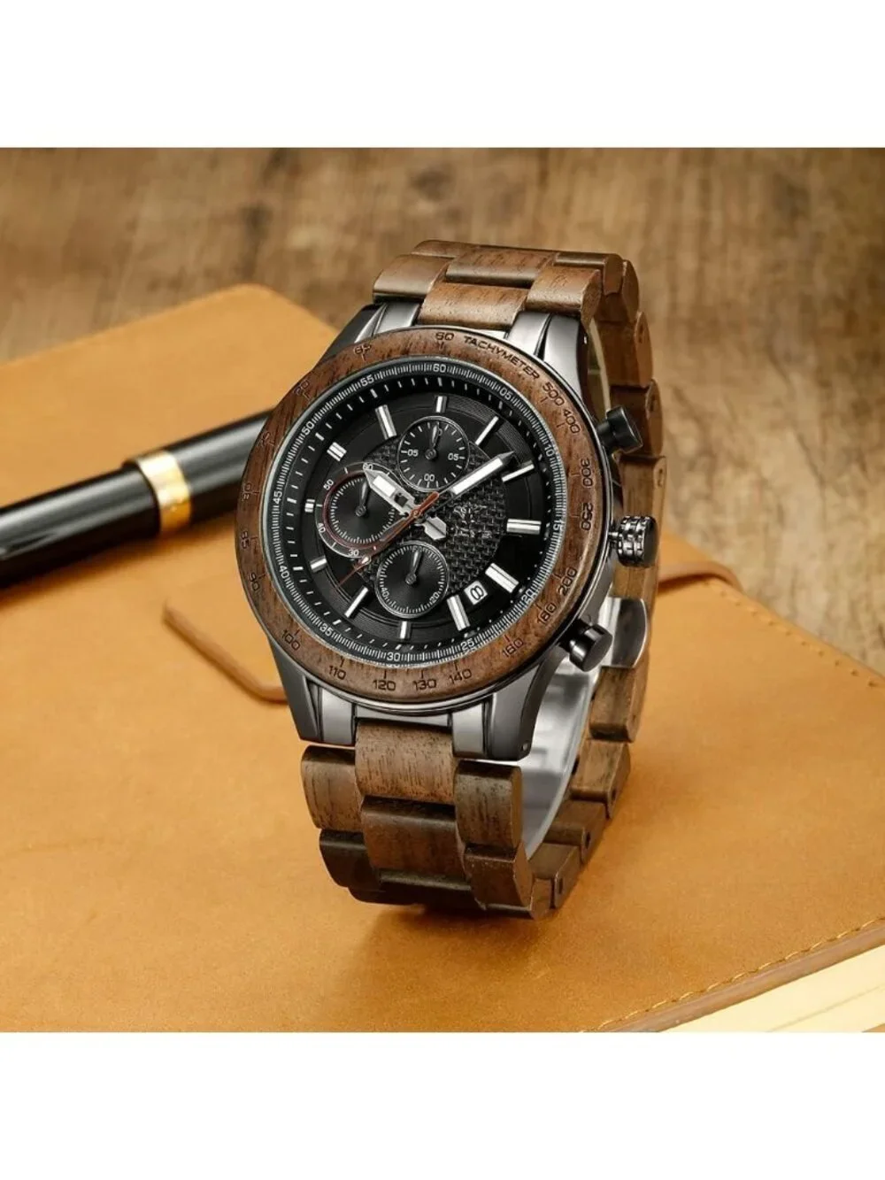 Men's Black Olive Stainless Steel Chronograph Solid Multifunctional Wooden Watch